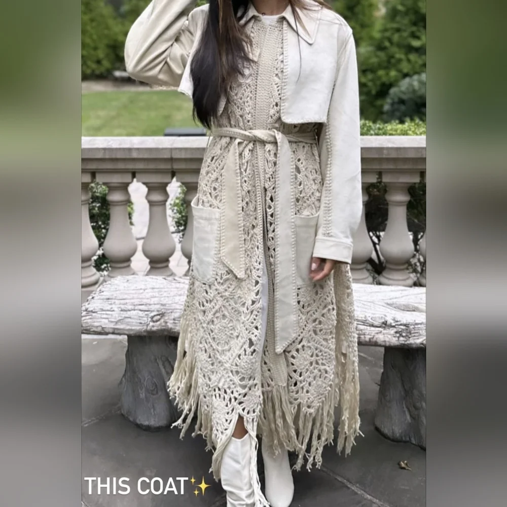 Jonathan Simkhai Yani Combo crochet and suede trench coat With Fringes, Beige M - Picture 5 of 16